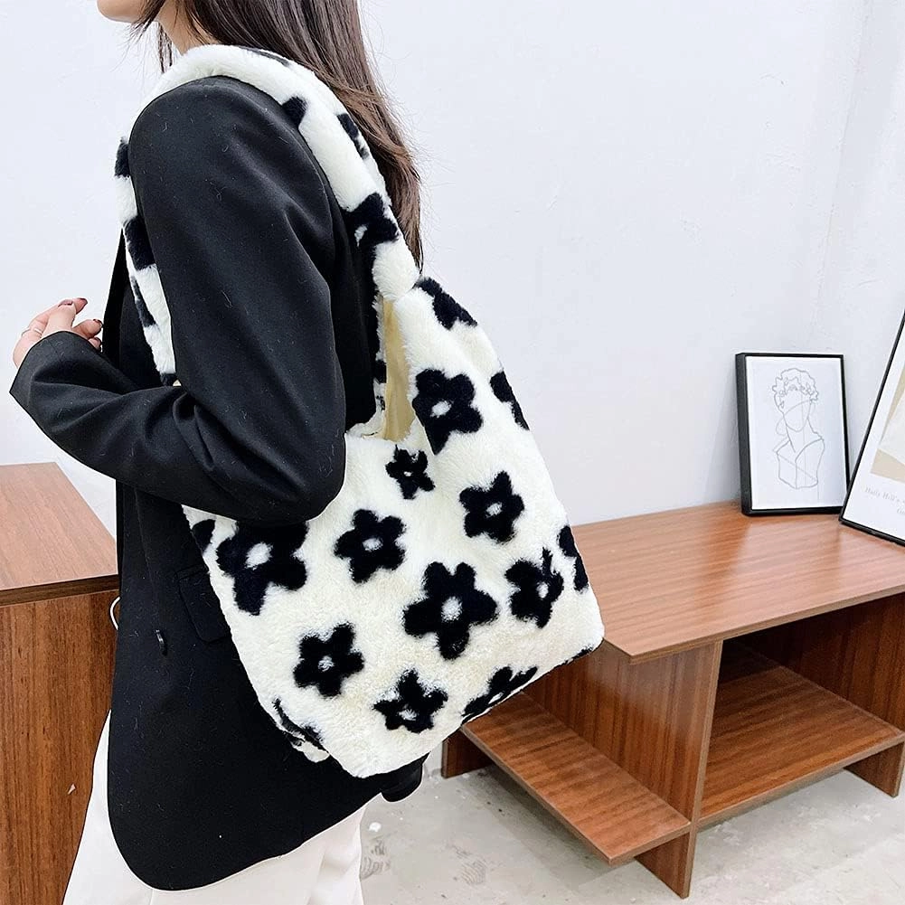 Y2K Plush Underarm Bag, Ladies Fluffy Shoulder Bag, Women Furry Flower Tote for Autumn and Winter