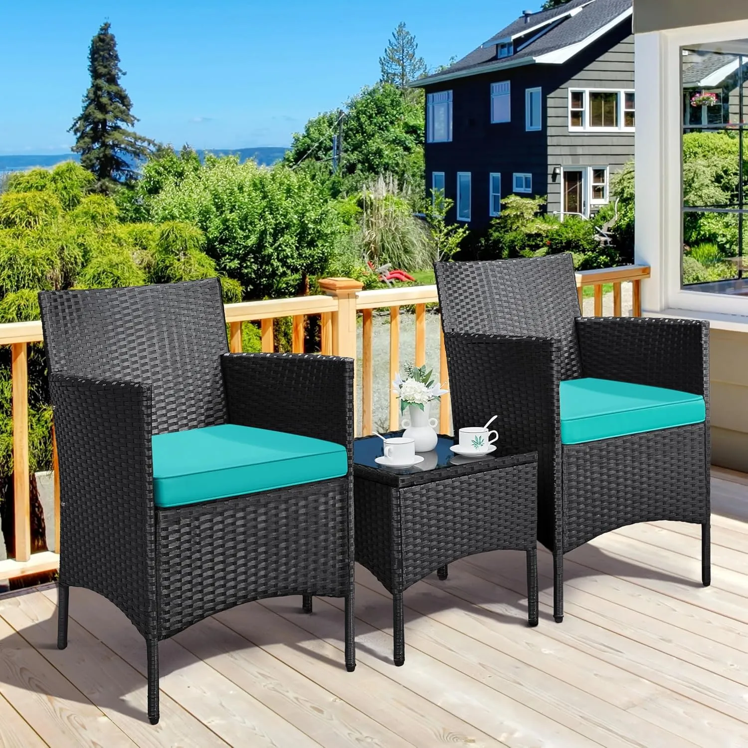 Yaheetech 3 Pieces Patio Porch Furniture Set, Outdoor PE Rattan Wicker Conversation Set with Soft Cushions, Glass Coffee Table & 2 Chairs for Garden/Deck/Courtyard/Poolside, Black/Cyan