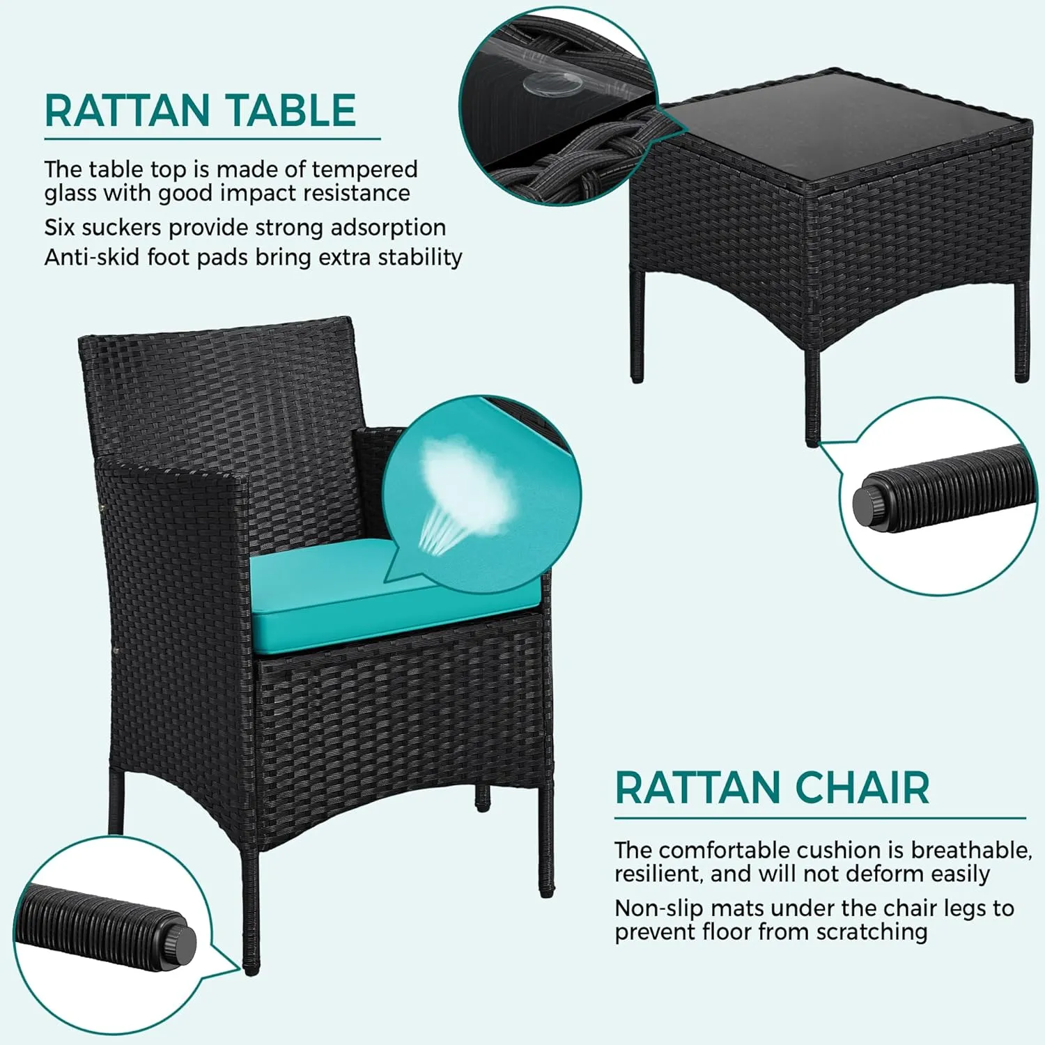 Yaheetech 3 Pieces Patio Porch Furniture Set, Outdoor PE Rattan Wicker Conversation Set with Soft Cushions, Glass Coffee Table & 2 Chairs for Garden/Deck/Courtyard/Poolside, Black/Cyan
