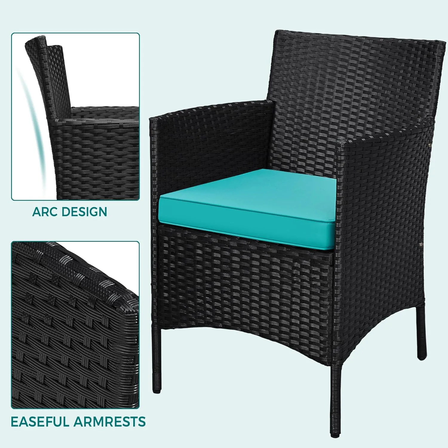Yaheetech 3 Pieces Patio Porch Furniture Set, Outdoor PE Rattan Wicker Conversation Set with Soft Cushions, Glass Coffee Table & 2 Chairs for Garden/Deck/Courtyard/Poolside, Black/Cyan