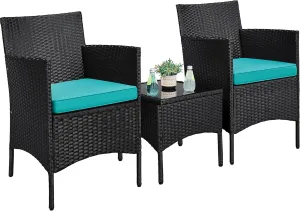Yaheetech 3 Pieces Patio Porch Furniture Set, Outdoor PE Rattan Wicker Conversation Set with Soft Cushions, Glass Coffee Table & 2 Chairs for Garden/Deck/Courtyard/Poolside, Black/Cyan