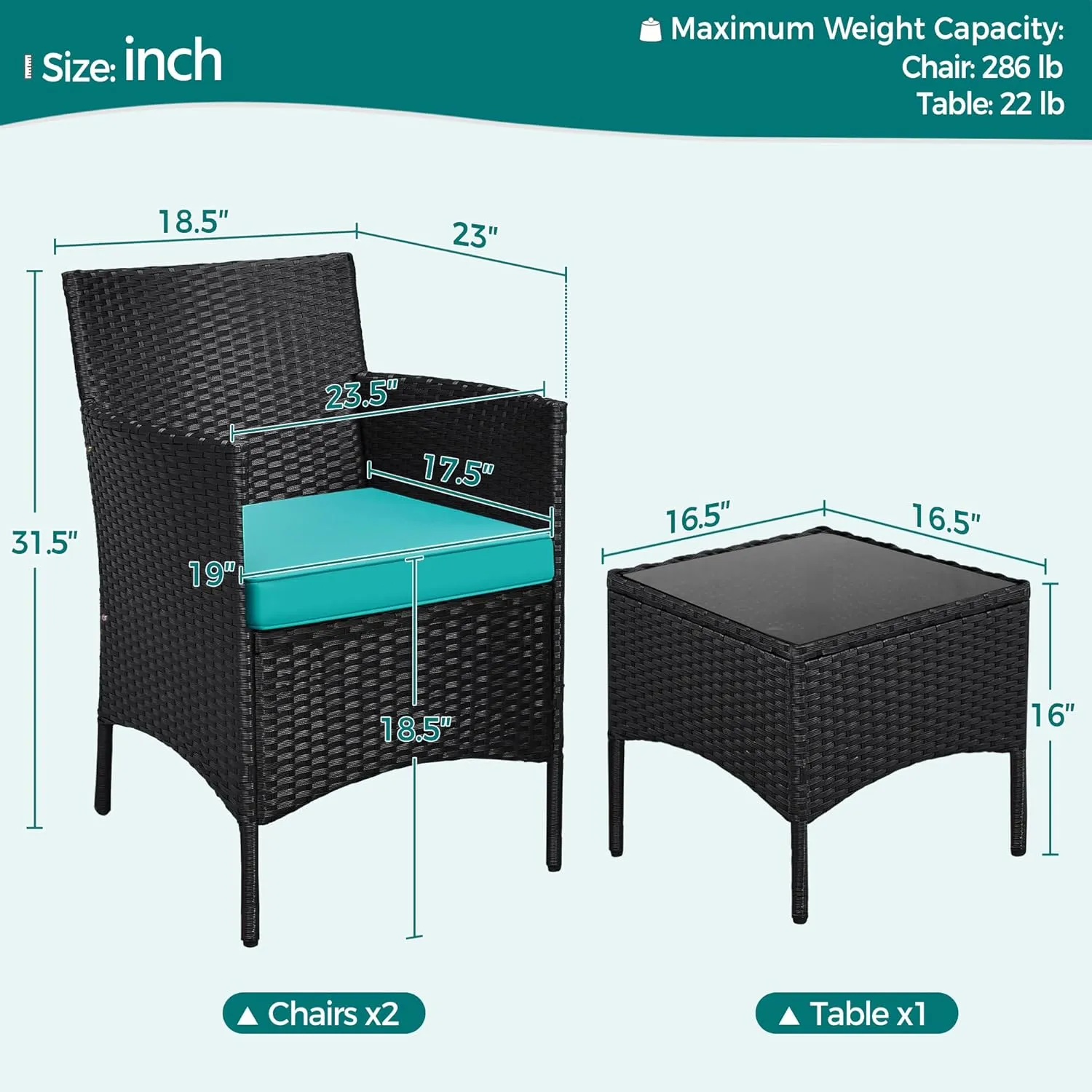 Yaheetech 3 Pieces Patio Porch Furniture Set, Outdoor PE Rattan Wicker Conversation Set with Soft Cushions, Glass Coffee Table & 2 Chairs for Garden/Deck/Courtyard/Poolside, Black/Cyan