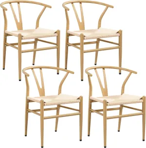 Yaheetech Set of 4 Weave Chair Mid-Century Metal Dining Chair Y-Shaped Backrest Hemp Seat, Wood Color