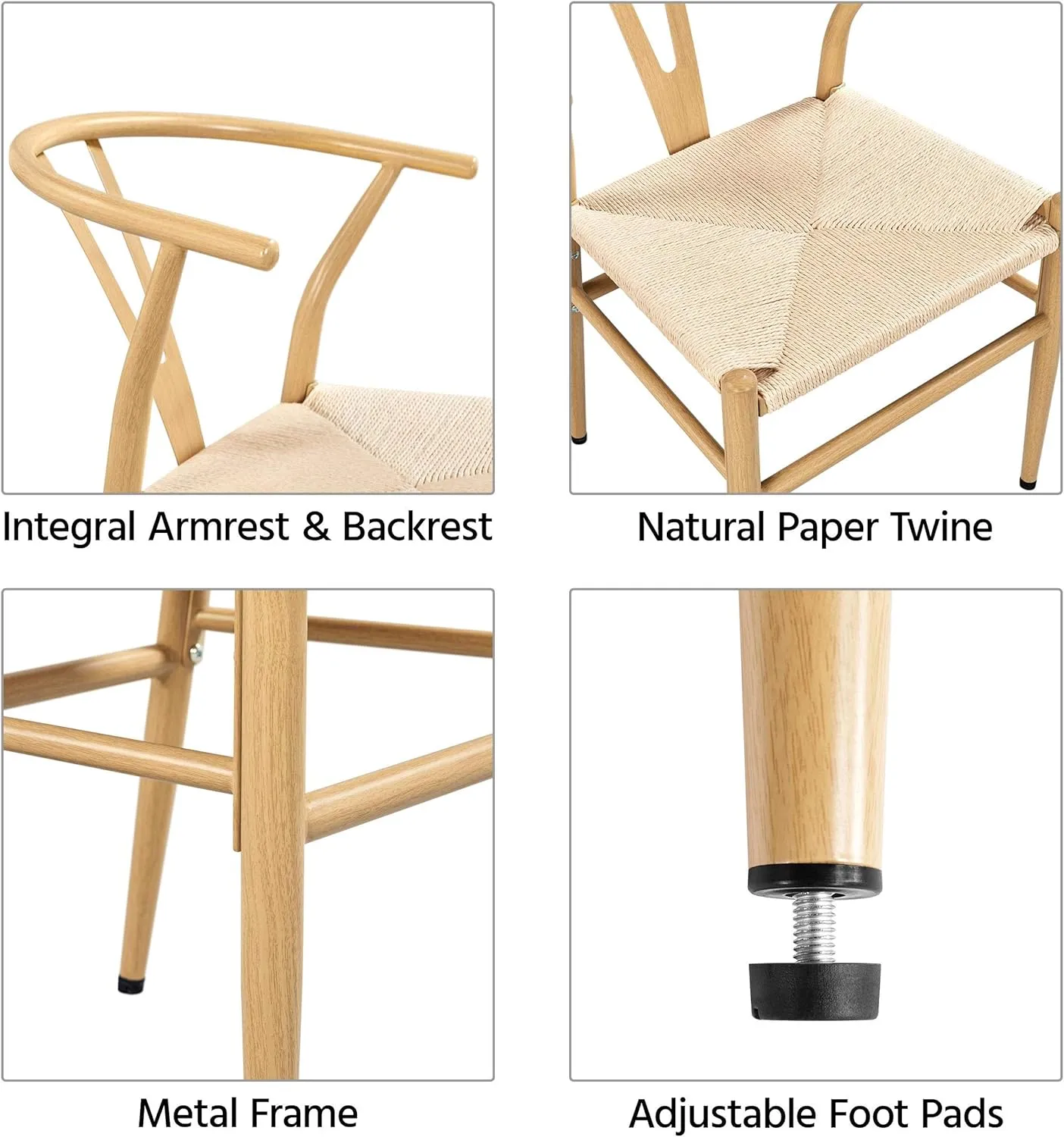 Yaheetech Set of 4 Weave Chair Mid-Century Metal Dining Chair Y-Shaped Backrest Hemp Seat, Wood Color