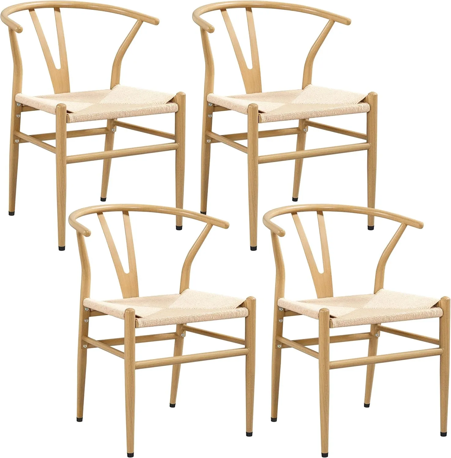 Yaheetech Set of 4 Weave Chair Mid-Century Metal Dining Chair Y-Shaped Backrest Hemp Seat, Wood Color