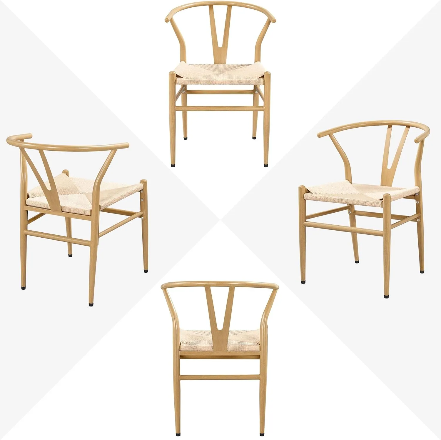 Yaheetech Set of 4 Weave Chair Mid-Century Metal Dining Chair Y-Shaped Backrest Hemp Seat, Wood Color