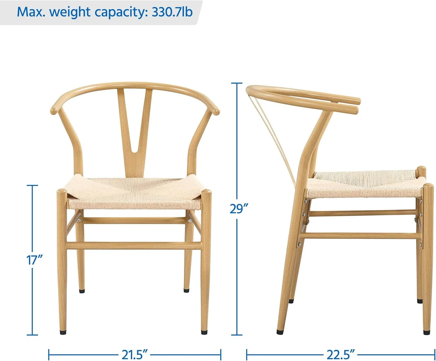 Yaheetech Set of 4 Weave Chair Mid-Century Metal Dining Chair Y-Shaped Backrest Hemp Seat, Wood Color