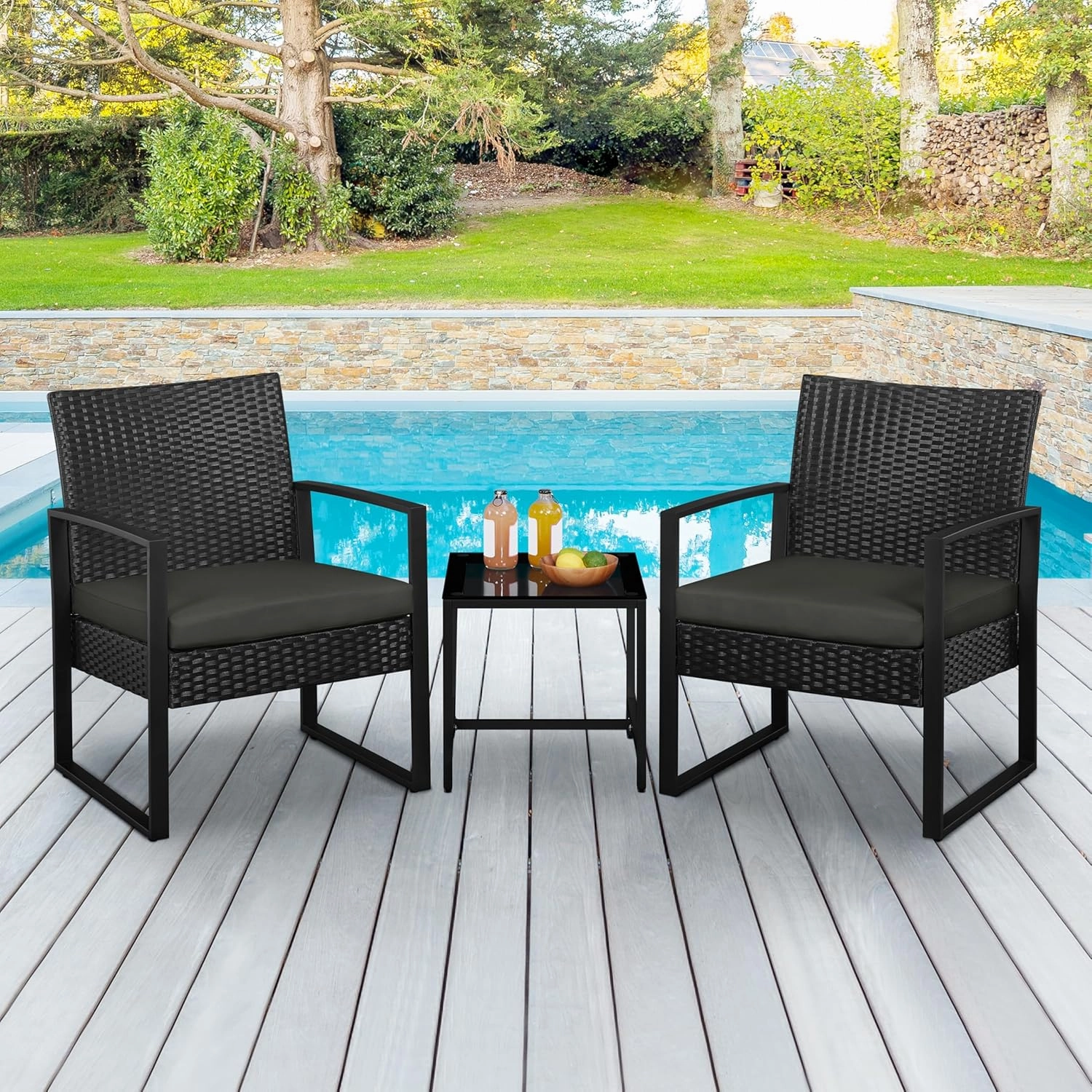 Yaheetech 3 Pieces Rattan Bistro Set, Indoor/Outdoor Wicker Patio Modern Conversation Furniture, 2 Chairs & Tempered Glass Coffee Table for Garden, Balcony, Backyard, Poolside, Black/Gray