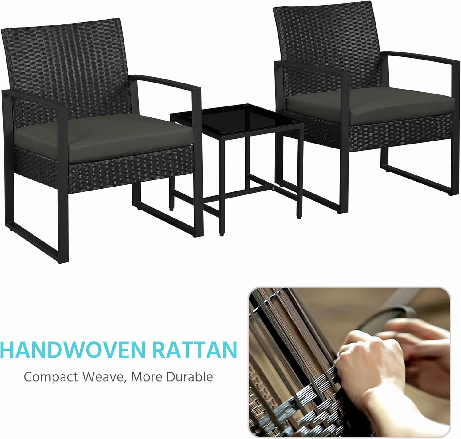 Yaheetech 3 Pieces Rattan Bistro Set, Indoor/Outdoor Wicker Patio Modern Conversation Furniture, 2 Chairs & Tempered Glass Coffee Table for Garden, Balcony, Backyard, Poolside, Black/Gray