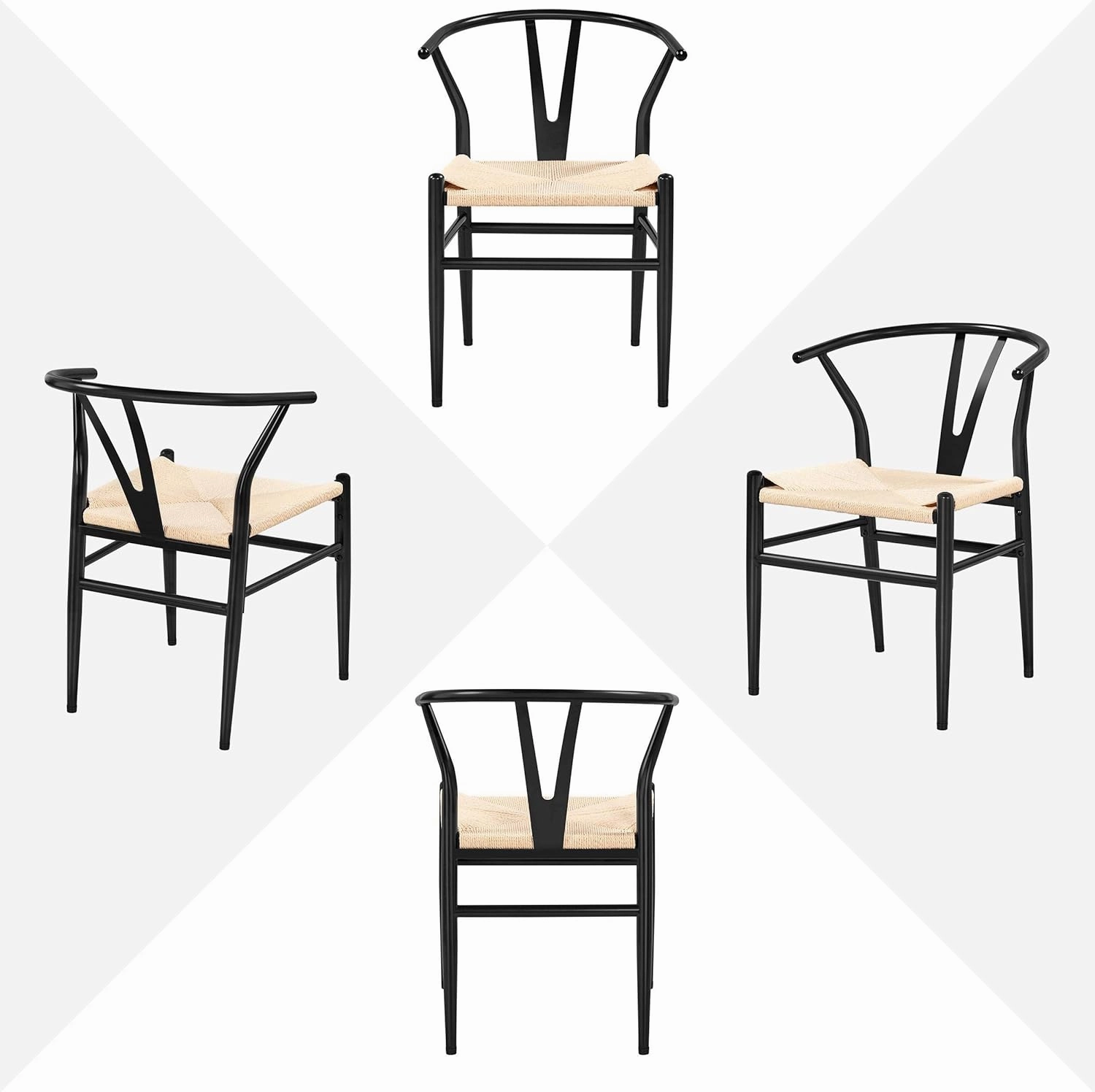 Yaheetech Set of 2 Weave Arm Chair Mid-Century Metal Dining Chair Y-Shaped Backrest Hemp Seat, Black