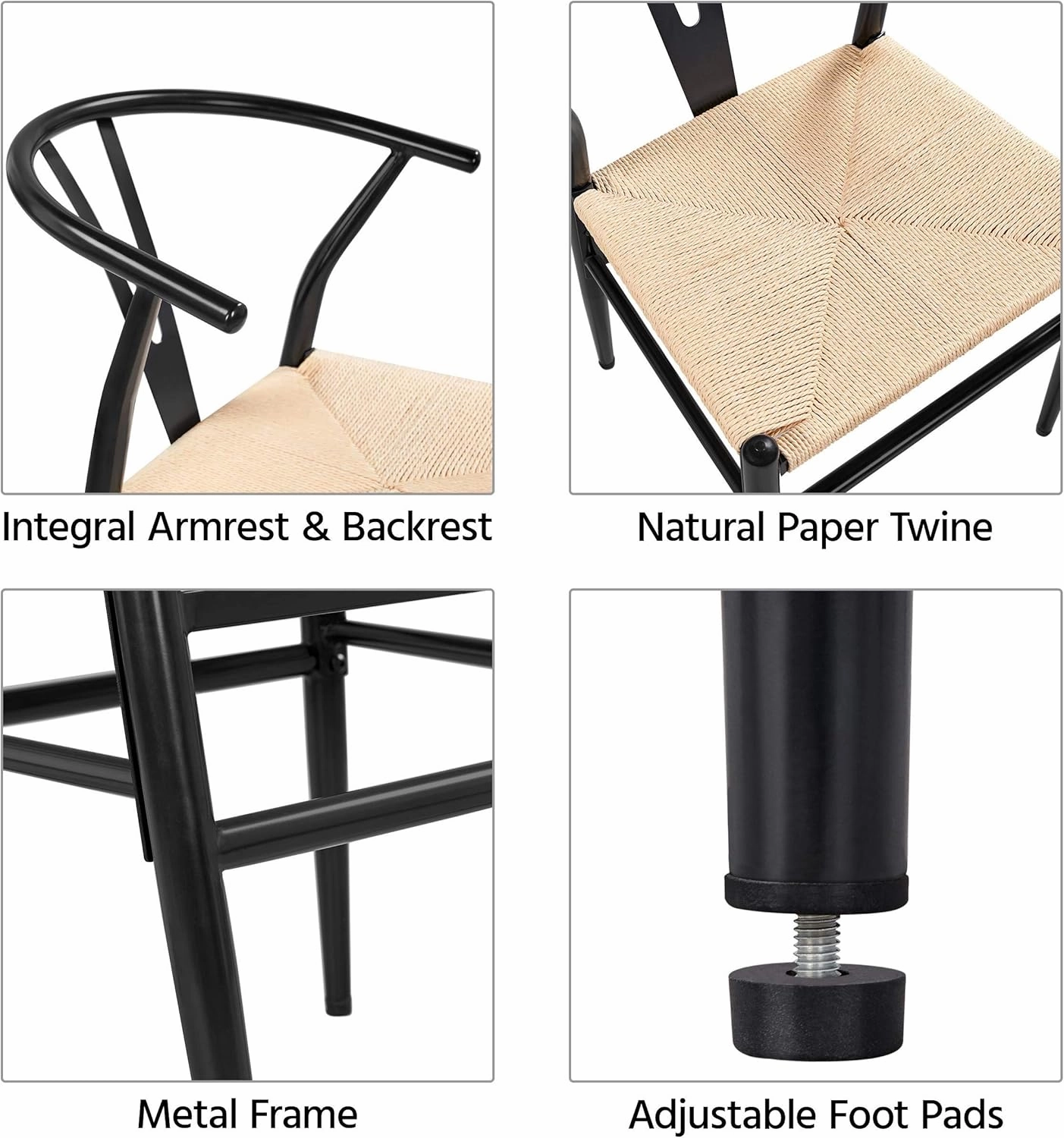 Yaheetech Set of 2 Weave Arm Chair Mid-Century Metal Dining Chair Y-Shaped Backrest Hemp Seat, Black