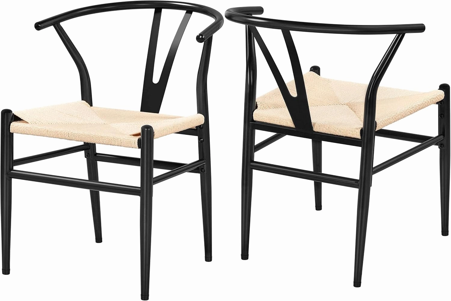 Yaheetech Set of 2 Weave Arm Chair Mid-Century Metal Dining Chair Y-Shaped Backrest Hemp Seat, Black