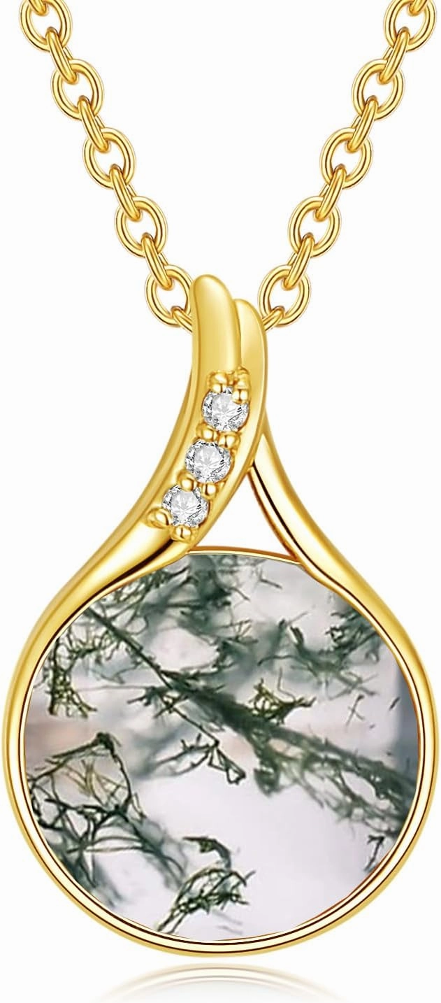 YDD 14K Solid Gold Natural Moss Agate Necklace for Women Dainty Moss Agate with Genuine Diamond Necklace Natural Moss Agate Jewelry Gifts for Her 16"-18"