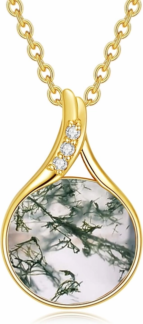 YDD 14K Solid Gold Natural Moss Agate Necklace for Women Dainty Moss Agate with Genuine Diamond Necklace Natural Moss Agate Jewelry Gifts for Her 16"-18"