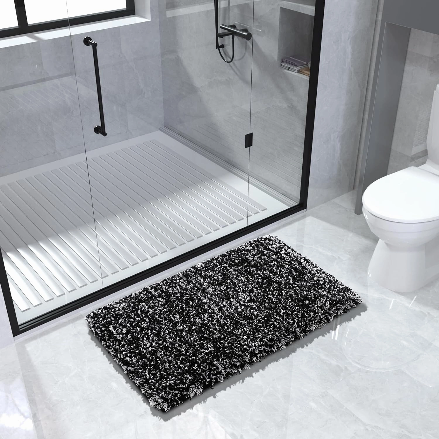 Yimobra Black and White Bathroom Rugs Non Slip Washable 36x24, Ultra Soft and Water Absorbent Bath Mats, Plush Fluffy Shower Mat Outside, Luxury Microfiber Thick Matts for Bathroom Floor/Tub