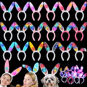 Yinder 18 Pcs Easter Light Up Bunny Ears Headband LED Ear Rabbit Hairband Bunny Plush Ears Easter Costume Accessories