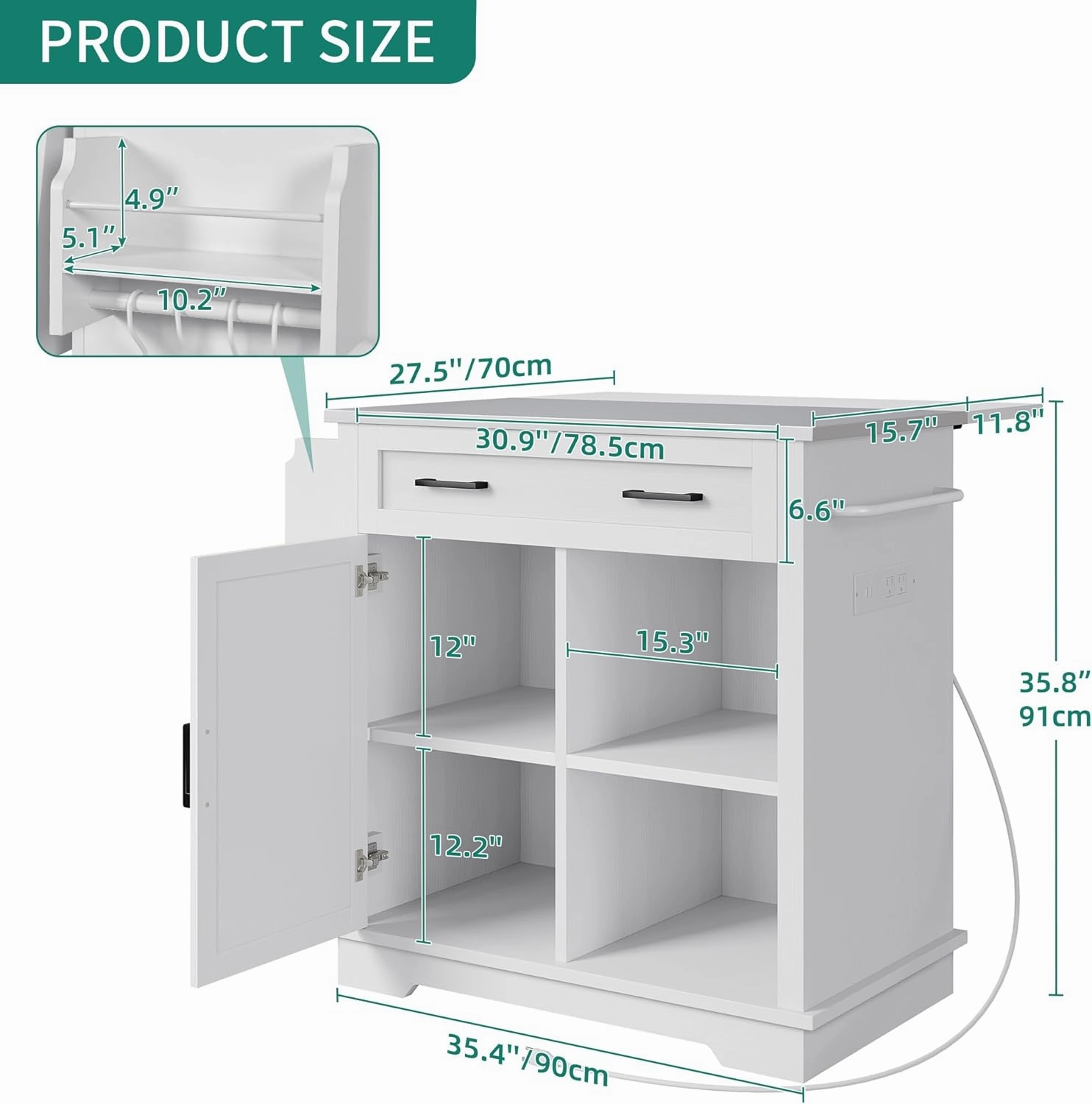 YITAHOME Stainless Steel Kitchen Island with Drop Leaf, 42 Inch Mobile Storage Islands with Power Outlet, Rolling Kitchen Island on Wheels, Metal Butcher Block Carts with Spice Rack Towel Bar, White
