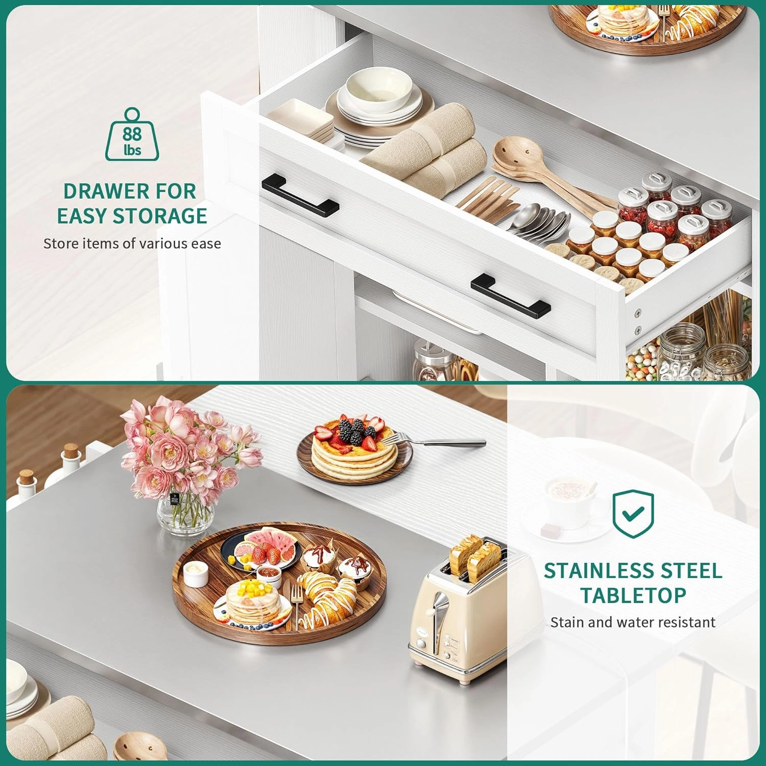 YITAHOME Stainless Steel Kitchen Island with Drop Leaf, 42 Inch Mobile Storage Islands with Power Outlet, Rolling Kitchen Island on Wheels, Metal Butcher Block Carts with Spice Rack Towel Bar, White