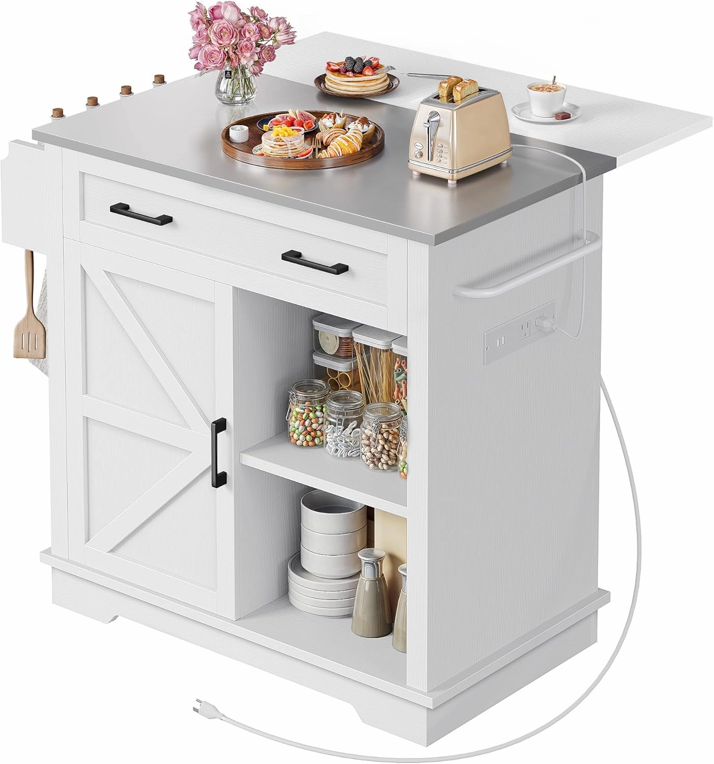 YITAHOME Stainless Steel Kitchen Island with Drop Leaf, 42 Inch Mobile Storage Islands with Power Outlet, Rolling Kitchen Island on Wheels, Metal Butcher Block Carts with Spice Rack Towel Bar, White