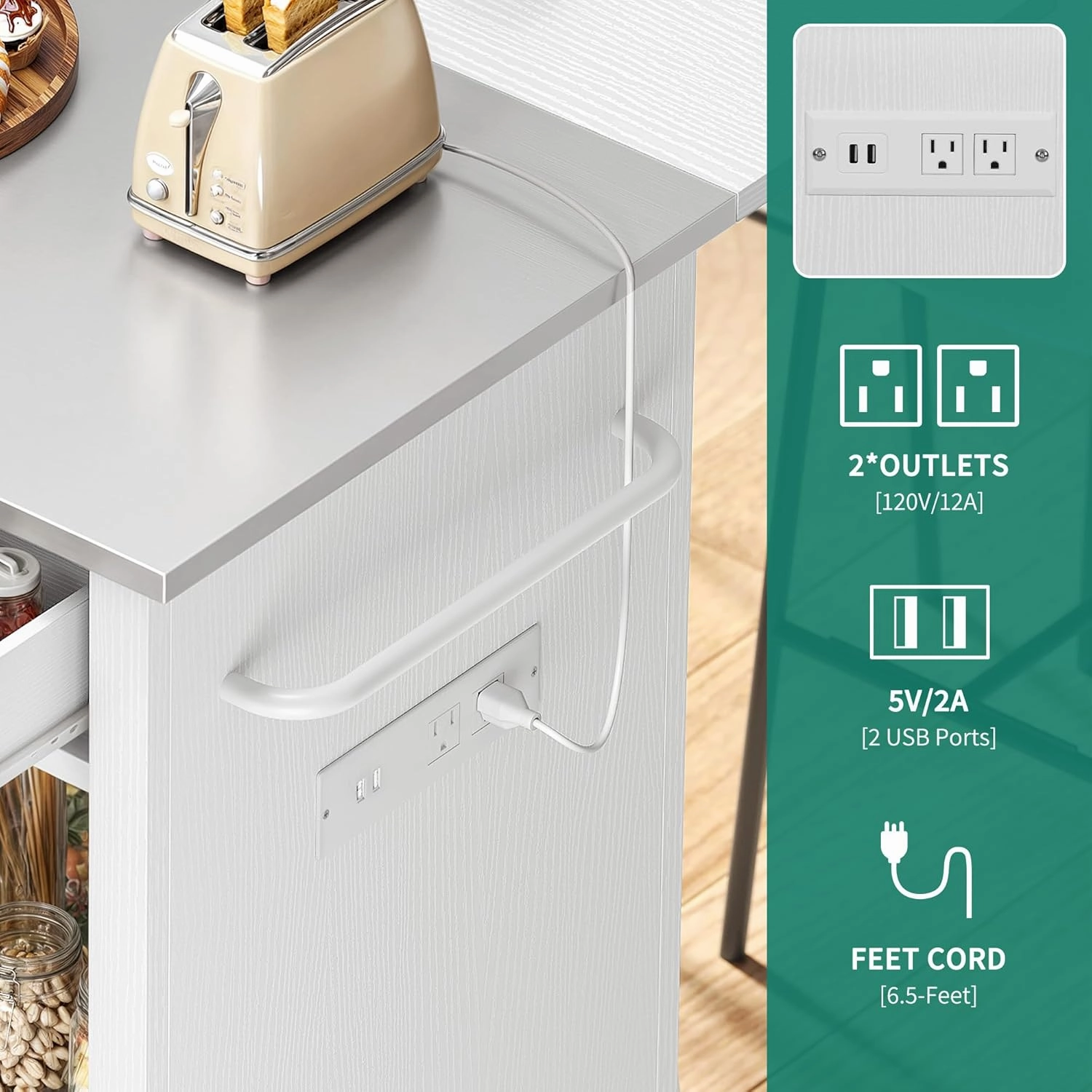 YITAHOME Stainless Steel Kitchen Island with Drop Leaf, 42 Inch Mobile Storage Islands with Power Outlet, Rolling Kitchen Island on Wheels, Metal Butcher Block Carts with Spice Rack Towel Bar, White