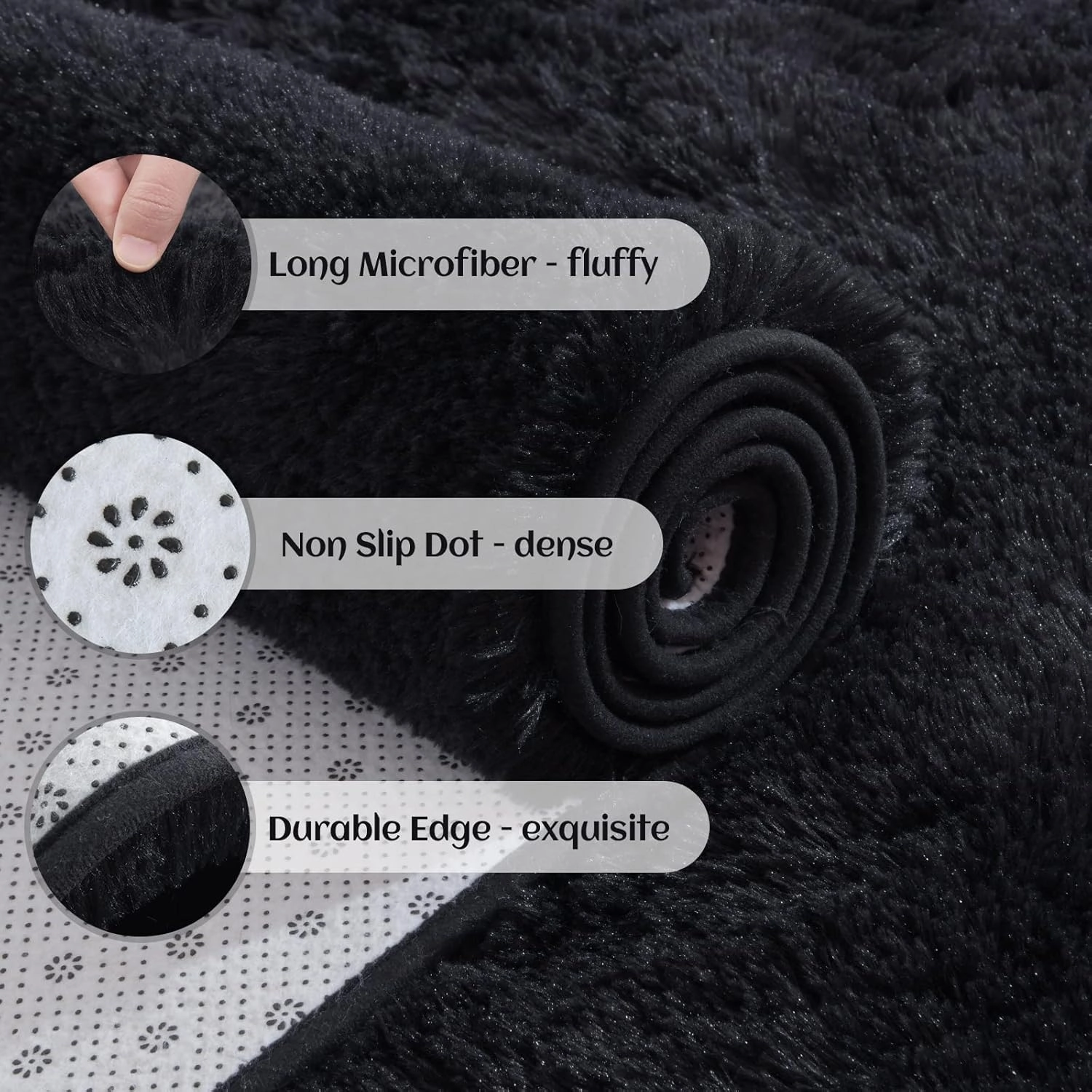 YJ.GWL Fluffy Runner Rug for Bedroom Living Room Soft Shag Rugs 2x6 Feet, Black Plush Carpet Non Slip for Nursery Dorm, Fuzzy Bedside Rug for Kids Boys Girls Room Home Decor