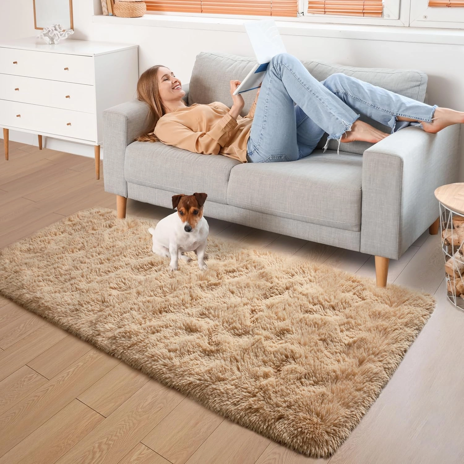YJ.GWL Fluffy Runner Rugs for Bedroom Living Room Soft Shag Rug 2x6 Feet, Beige Plush Carpet Non Slip for Nursery Dorm, Fuzzy Bedside Rug for Kids Boys Room Home Decor