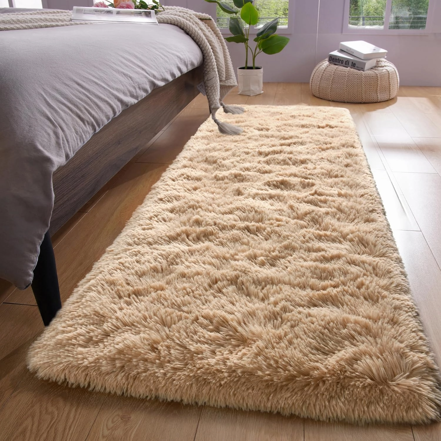 YJ.GWL Fluffy Runner Rugs for Bedroom Living Room Soft Shag Rug 2x6 Feet, Beige Plush Carpet Non Slip for Nursery Dorm, Fuzzy Bedside Rug for Kids Boys Room Home Decor
