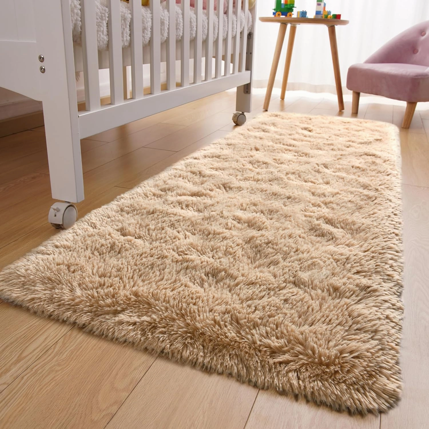 YJ.GWL Fluffy Runner Rugs for Bedroom Living Room Soft Shag Rug 2x6 Feet, Beige Plush Carpet Non Slip for Nursery Dorm, Fuzzy Bedside Rug for Kids Boys Room Home Decor