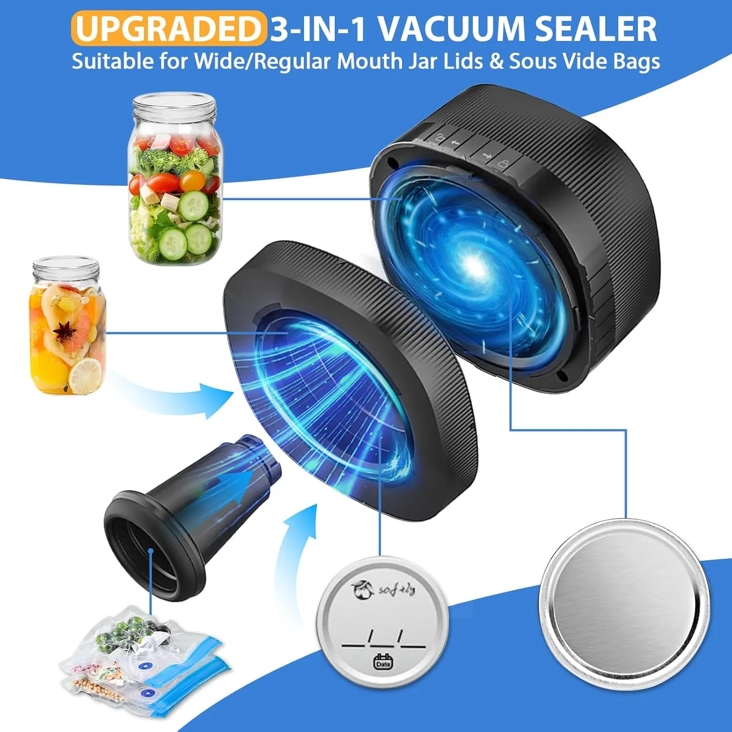 Yoobao Mason Jar Vacuum Sealer, 3 in 1 Electric Jar Sealer Kit for Regular or Wide Mouth Mason Jars, Vacuum Seal Bags, 10 Lids, 6 Bags, Can Opener, Automatic Canning Sealing Machine for Food Storage