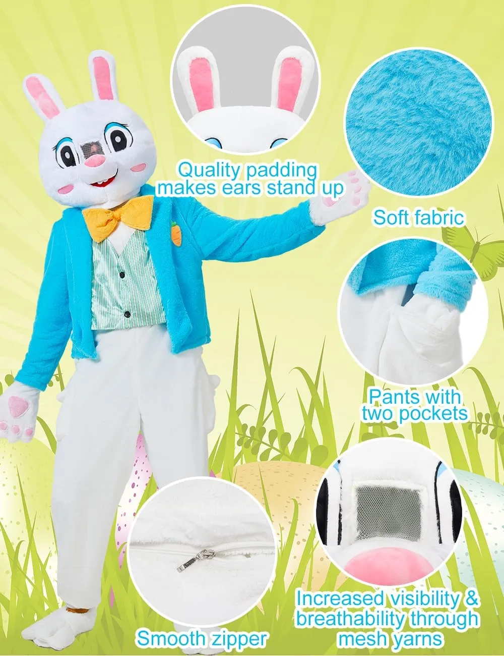 YuDanae Easter Bunny Costume Adult Deluxe Rabbits Mascot Suit With Headpiece Gloves Rabbit Paw Slippers Party Dress