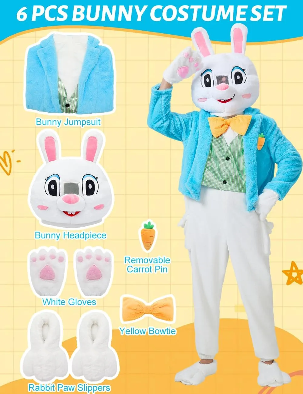 YuDanae Easter Bunny Costume Adult Deluxe Rabbits Mascot Suit With Headpiece Gloves Rabbit Paw Slippers Party Dress