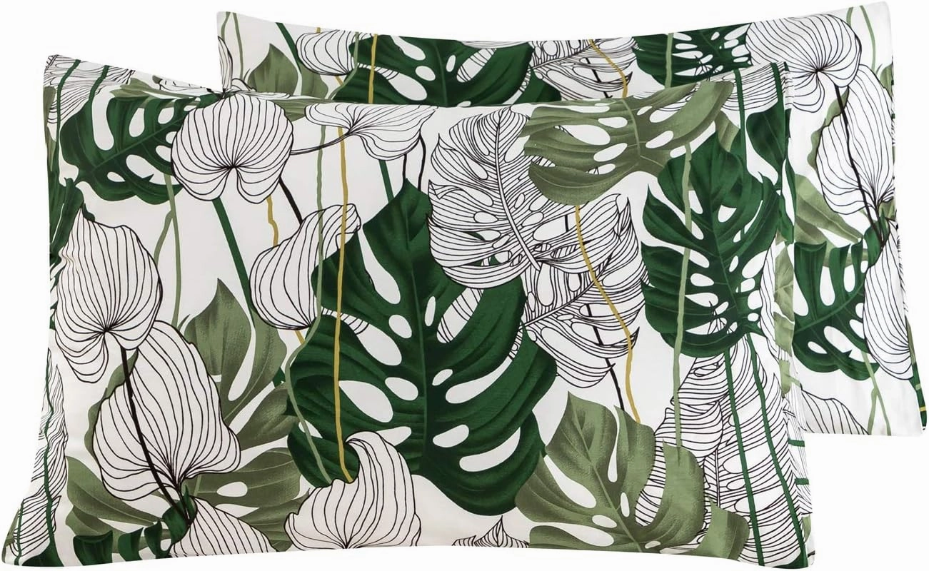 YuHeGuoJi Pillowcase 100% Cotton Queen Size Set of 2 Green Botanical Monstera Leaves Print Decorative Bed Pillow Covers with Envelope Closure Hotel Quality Soft Breathable (2 Packs, 20 x 26 Inches)
