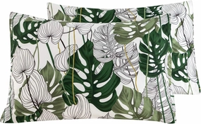 YuHeGuoJi Pillowcase 100% Cotton Queen Size Set of 2 Green Botanical Monstera Leaves Print Decorative Bed Pillow Covers with Envelope Closure Hotel Quality Soft Breathable (2 Packs, 20 x 26 Inches)