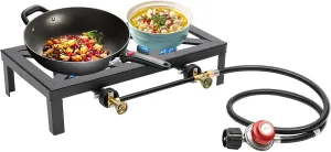 ZHISHUAI- Portable Double Burner Outdoor Gas Stove Propane Cooker, with 1.2m Propane Regulator Hose, for Outdoor Camping, Picnics, Hiking, Barbecues