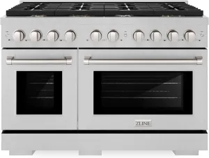 ZLINE 48 in. 6.7 cu. ft. Paramount Double Oven Dual Fuel Range in Satin Stainless Steel with 8 Brass Burners (SDRS-BR-48)