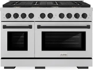 ZLINE Autograph Edition 48 in. 6.7 cu. ft. Paramount Double Oven Dual Fuel Range with 8 Burner Gas Cooktop in Satin Stainless Steel and Matte Black Accents (SDRSZ-48-MB)