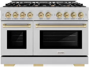 ZLINE Autograph Edition 48 in. 6.7 cu. ft. Select Double Oven Dual Fuel Range with 8 Burner Gas Cooktop in Satin Stainless Steel and Champagne Bronze Accents (HDRSZ-48-CB)