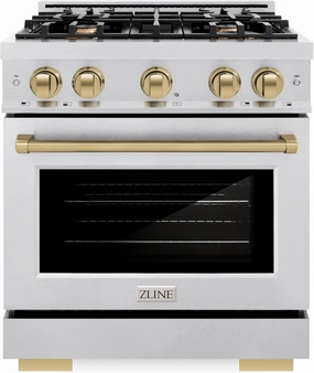 ZLINE Autograph Edition 30 in. 4.2 cu. ft. Select Dual Fuel Range with 4 Burner Gas Cooktop and Electric Convection Oven in Satin Stainless Steel with Champagne Bronze Accents (HDRSZ-30-CB)