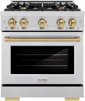 ZLINE Autograph Edition 30 in. 4.2 cu. ft. Select Dual Fuel Range with 4 Burner Gas Cooktop and Electric Convection Oven in Stainless Steel with Champagne Bronze Accents (HDRZ-30-CB)