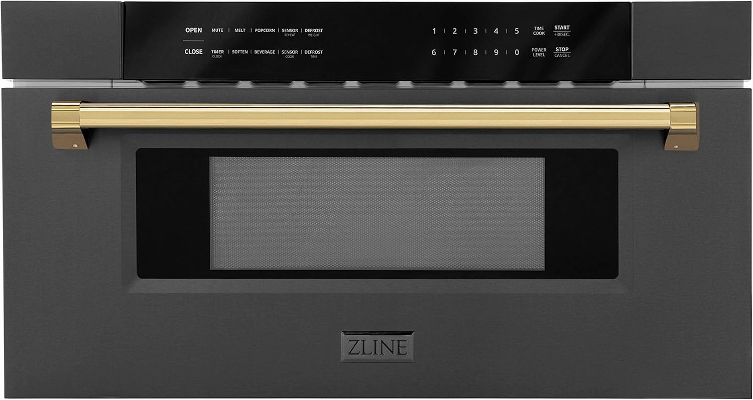 ZLINE Autograph Edition 30" 1.2 cu. ft. Built-in Microwave Drawer in Black Stainless Steel and Gold Accents