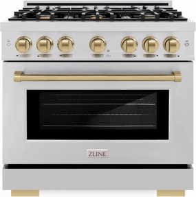 ZLINE Autograph Edition 36 in. 5.2 cu. ft. Select Dual Fuel Range with 6 Burner Gas Cooktop and Electric Convection Oven in Stainless Steel with Champagne Bronze Accents (HDRZ-36-CB)