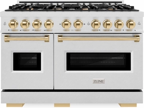 ZLINE Autograph Edition 48 in. 6.7 cu. ft. Classic Double Oven Dual Fuel Range with 8 Burner Gas Cooktop in Satin Stainless Steel and Polished Gold Accents (CDRSZ-48-G)