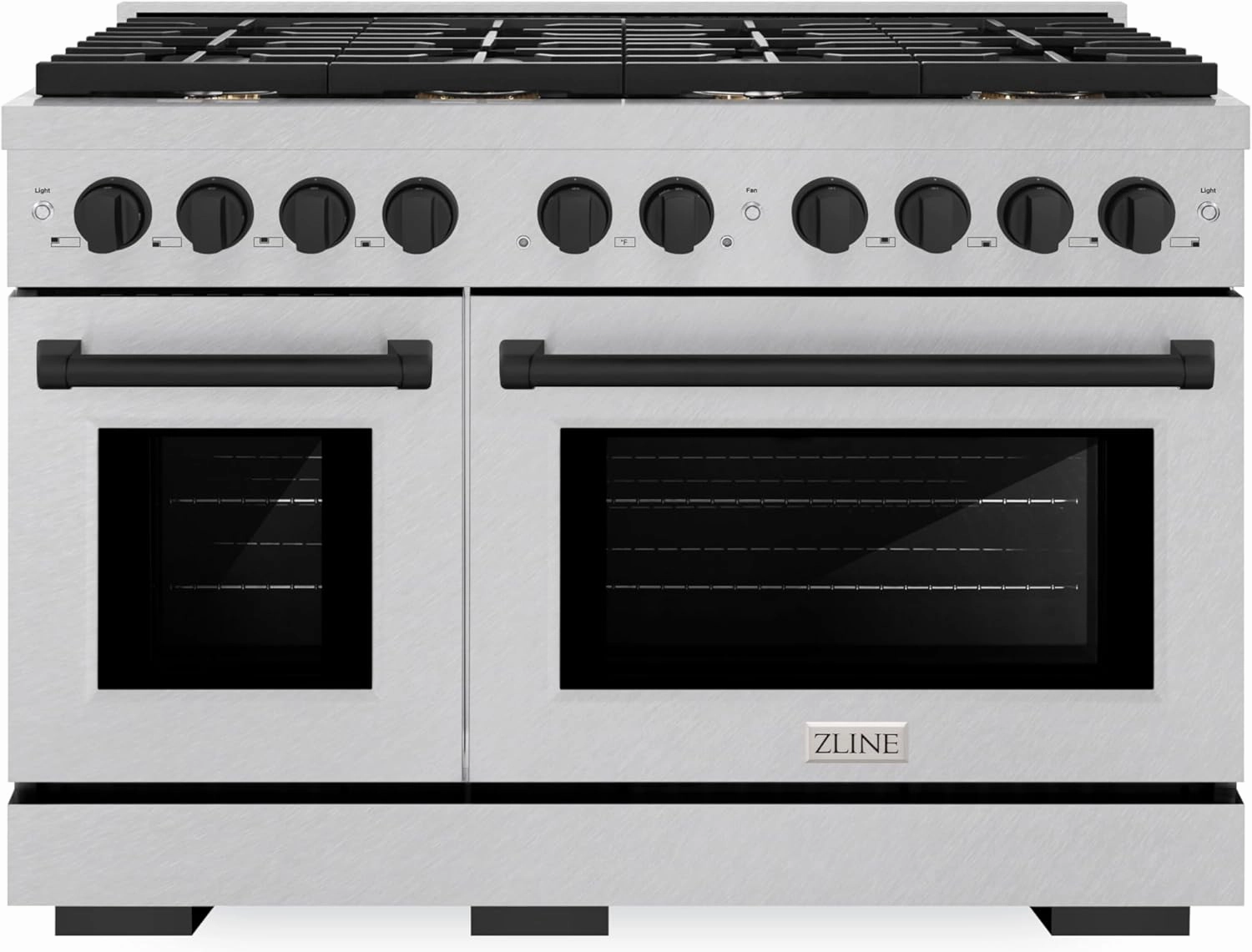ZLINE Autograph Edition 48 in. 6.7 cu. ft. Paramount Double Oven Dual Fuel Range with 8 Burner Gas Cooktop in Satin Stainless Steel and Matte Black Accents (SDRSZ-48-MB)