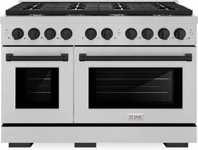 ZLINE Autograph Edition 48 in. 6.7 cu. ft. Paramount Double Oven Dual Fuel Range with 8 Burner Gas Cooktop in Satin Stainless Steel and Matte Black Accents (SDRSZ-48-MB)