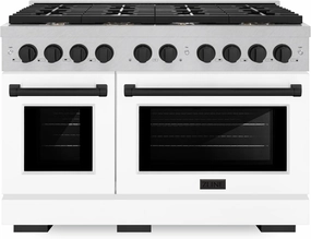 ZLINE Autograph Edition 48 in. 6.7 cu. ft. Paramount Double Oven Dual Fuel Range with 8 Burner Gas Cooktop in Satin Stainless Steel with White Matte Doors and Matte Black Accents (SDRSZ-WM-48-MB)