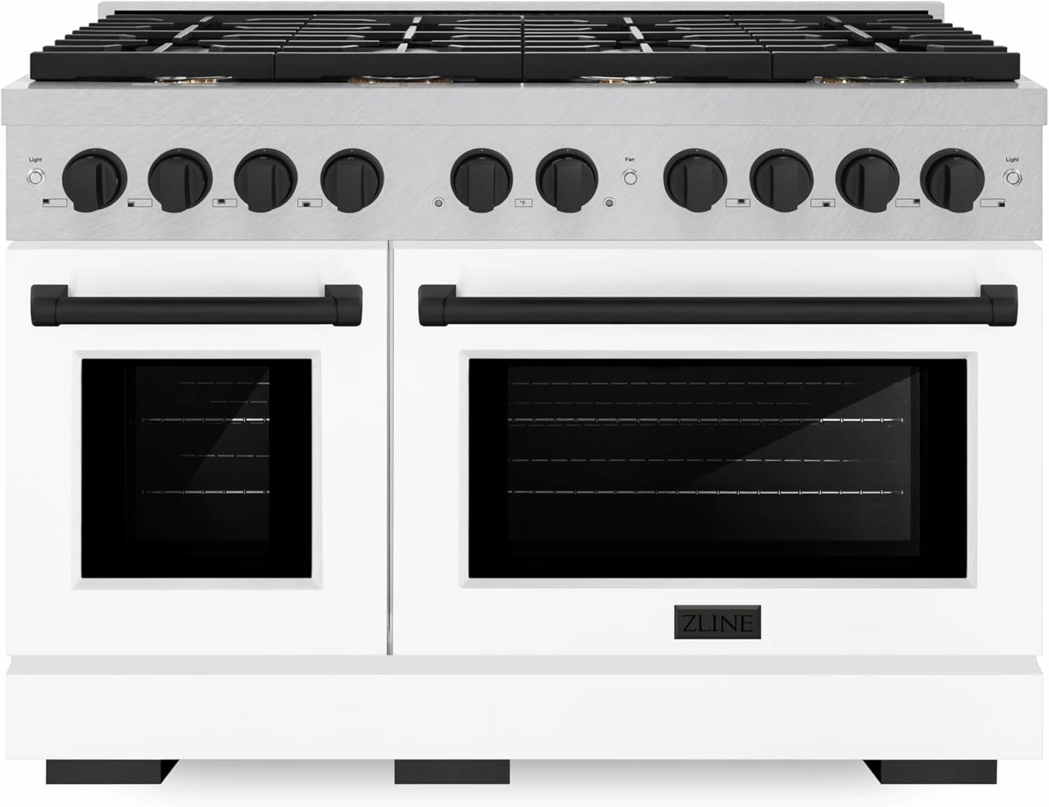 ZLINE Autograph Edition 48 in. 6.7 cu. ft. Paramount Double Oven Dual Fuel Range with 8 Burner Gas Cooktop in Satin Stainless Steel with White Matte Doors and Matte Black Accents (SDRSZ-WM-48-MB)