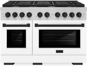 ZLINE Autograph Edition 48 in. 6.7 cu. ft. Paramount Double Oven Dual Fuel Range with 8 Burner Gas Cooktop in Stainless Steel with White Matte Door and Matte Black Accents (SDRZ-WM-48-MB)