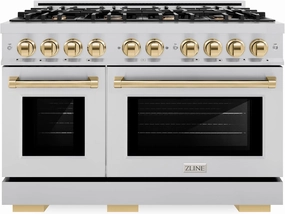 ZLINE Autograph Edition 48 in. 6.7 cu. ft. Select Double Oven Dual Fuel Range with 8 Burner Gas Cooktop in Stainless Steel and Polished Gold Accents (HDRZ-48-G)